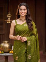MIMOSA Olive Manipuri Linen Saree — pose 10 styling detail