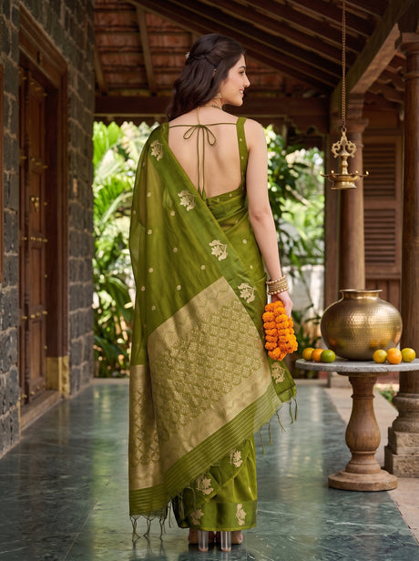 MIMOSA Olive Manipuri Linen Saree — Saree shot pallu and body