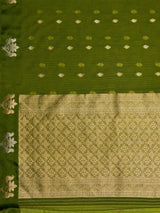 MIMOSA Olive Manipuri Linen Saree — pallu and zari work detail