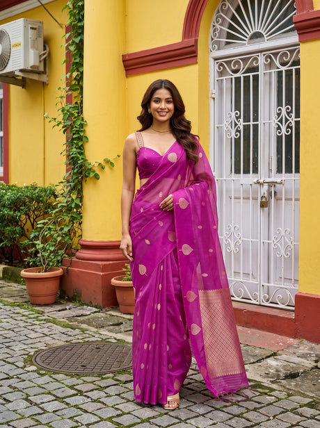 MIMOSA Magenta Manipuri Linen Saree — AI Model lifestyle pose 1