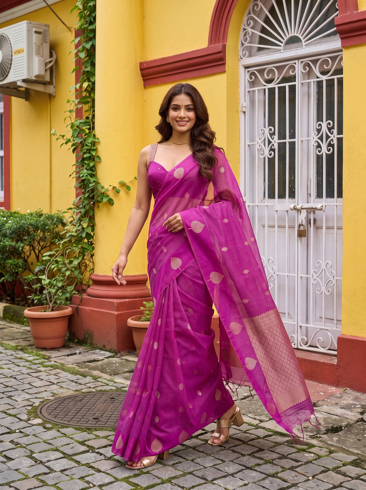 MIMOSA Magenta Manipuri Linen Saree — pose 6 styling detail