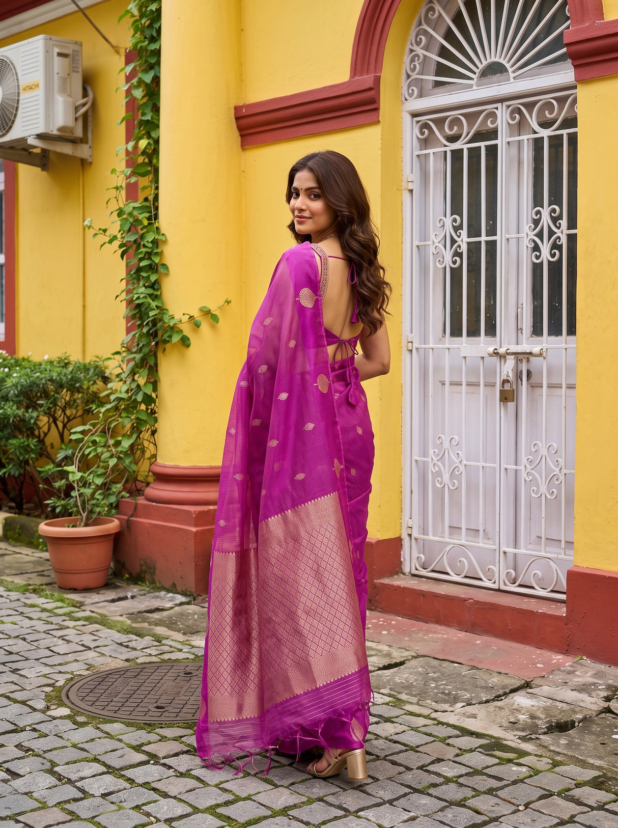 MIMOSA Magenta Manipuri Linen Saree — pose 7 styling detail