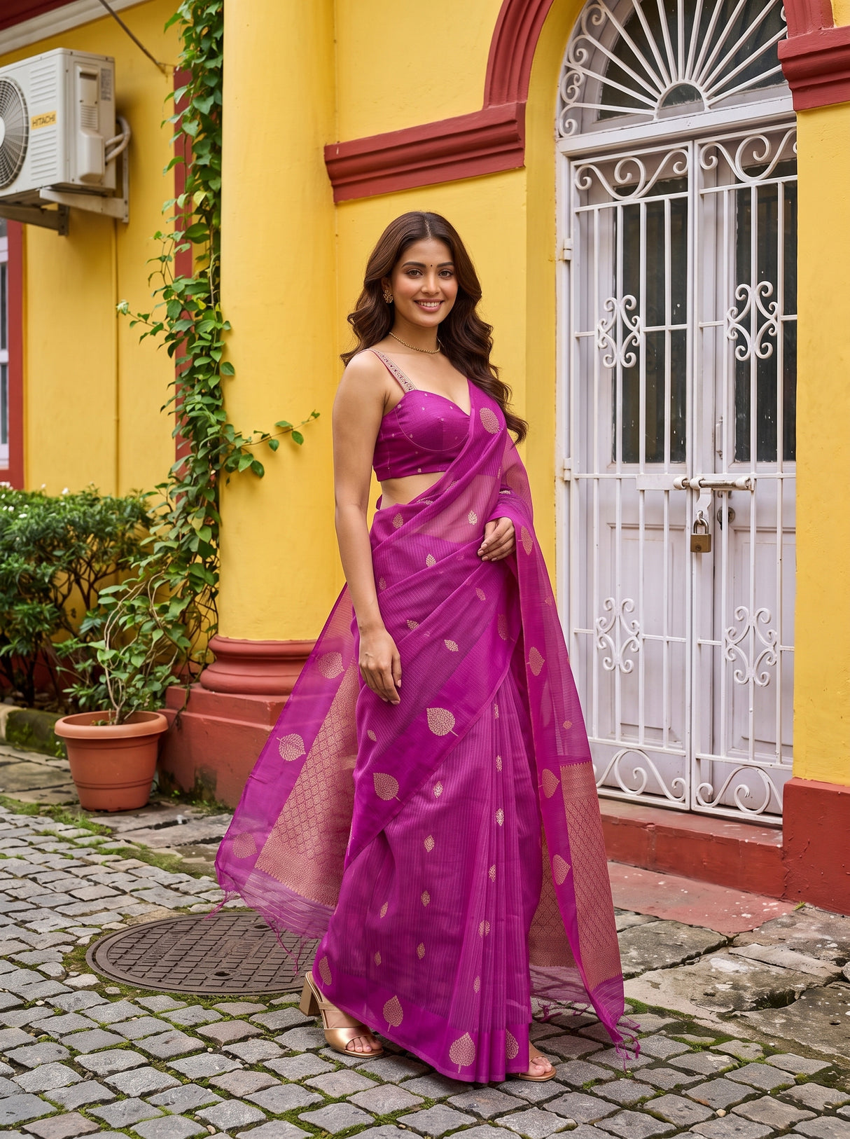 MIMOSA Magenta Manipuri Linen Saree — pose 9 styling detail