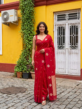 MIMOSA Red Manipuri Linen Saree — AI Model lifestyle pose 1