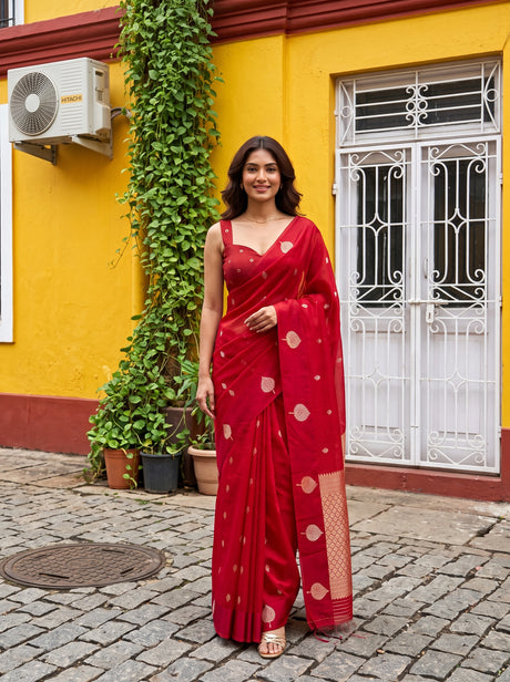 MIMOSA Red Manipuri Linen Saree — AI Model lifestyle pose 1