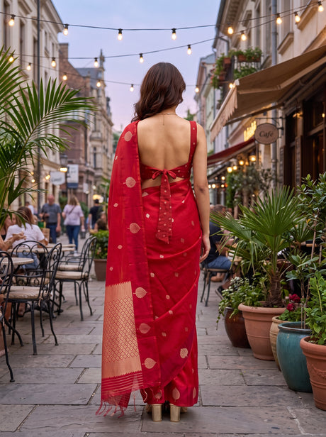 MIMOSA Red Manipuri Linen Saree — Saree shot pallu + body