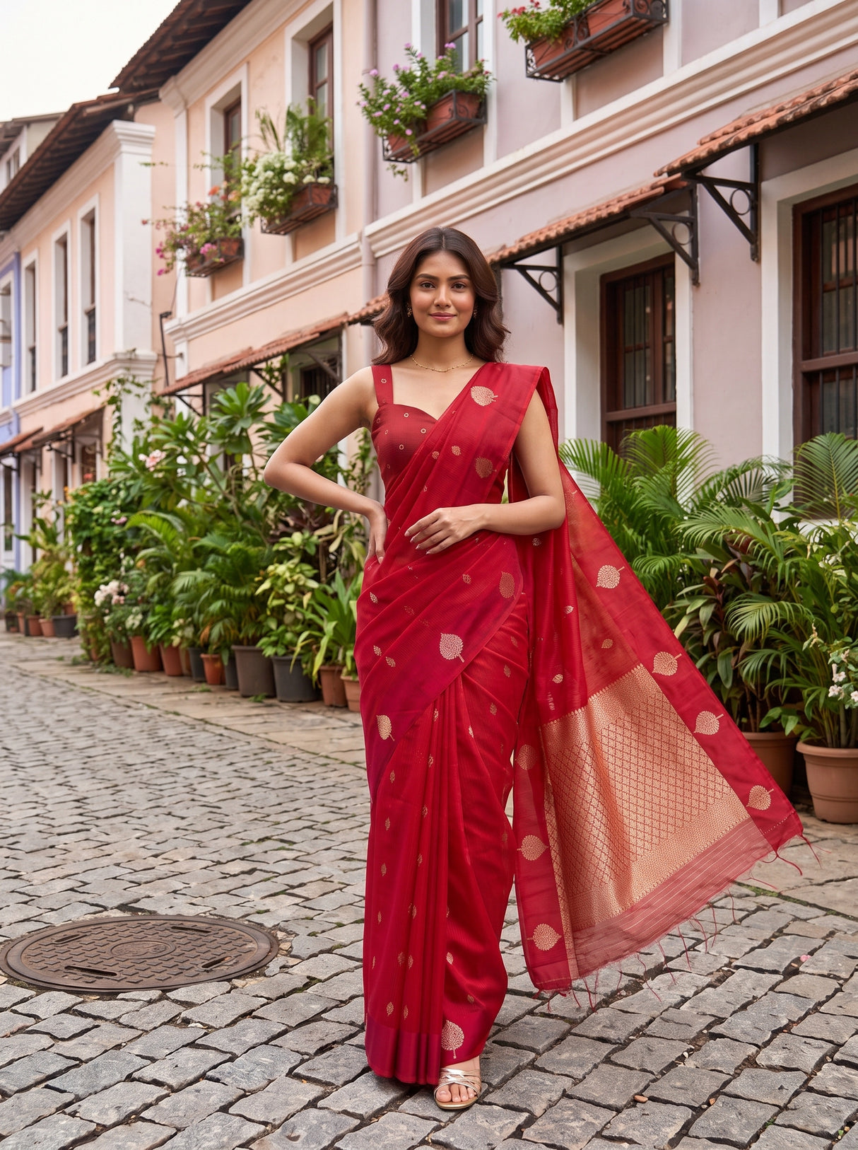 MIMOSA Red Manipuri Linen Saree — pose 4 styling detail
