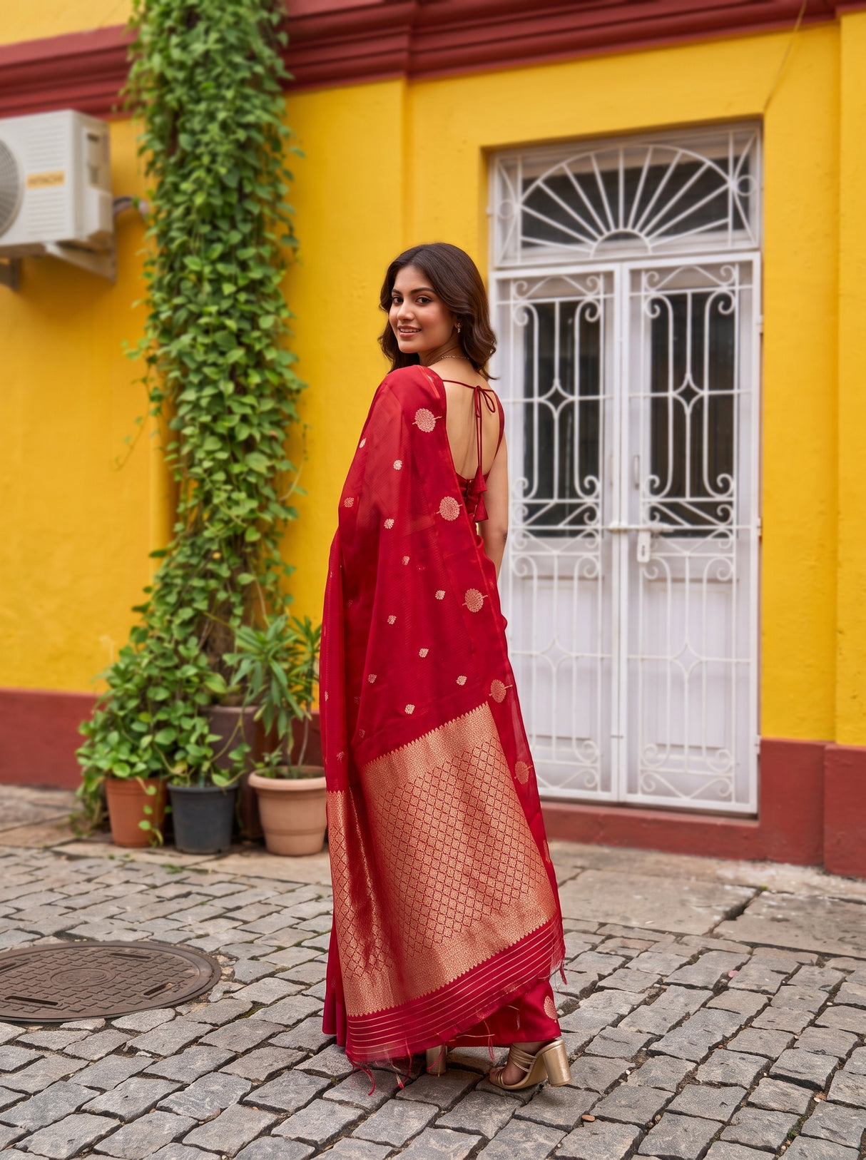 MIMOSA Red Manipuri Linen Saree — pose 5 styling detail