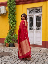 MIMOSA Red Manipuri Linen Saree — pose 5 styling detail