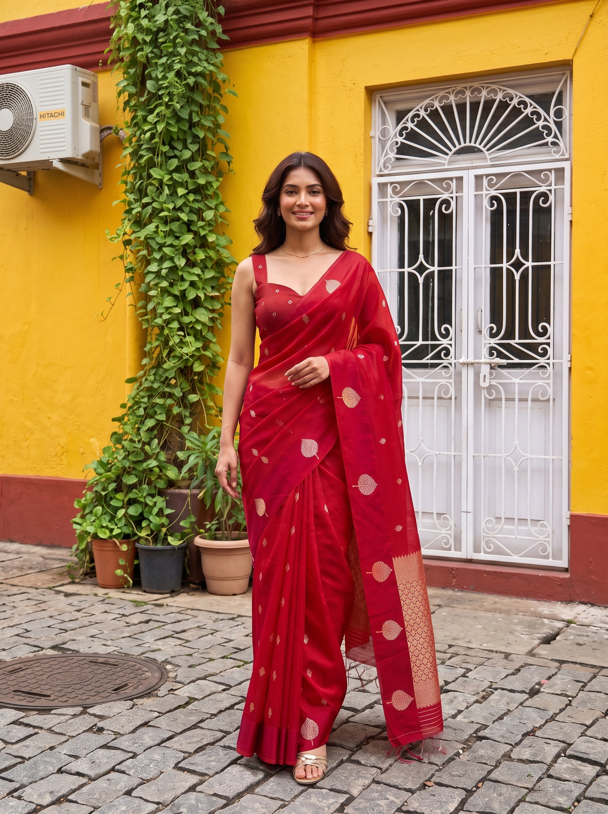 MIMOSA Red Manipuri Linen Saree — pose 6 styling detail