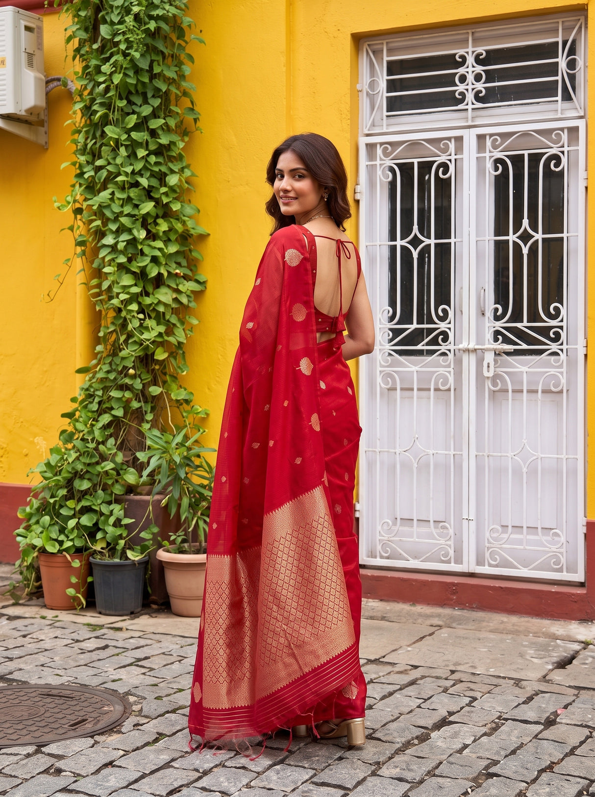 MIMOSA Red Manipuri Linen Saree — pose 7 styling detail