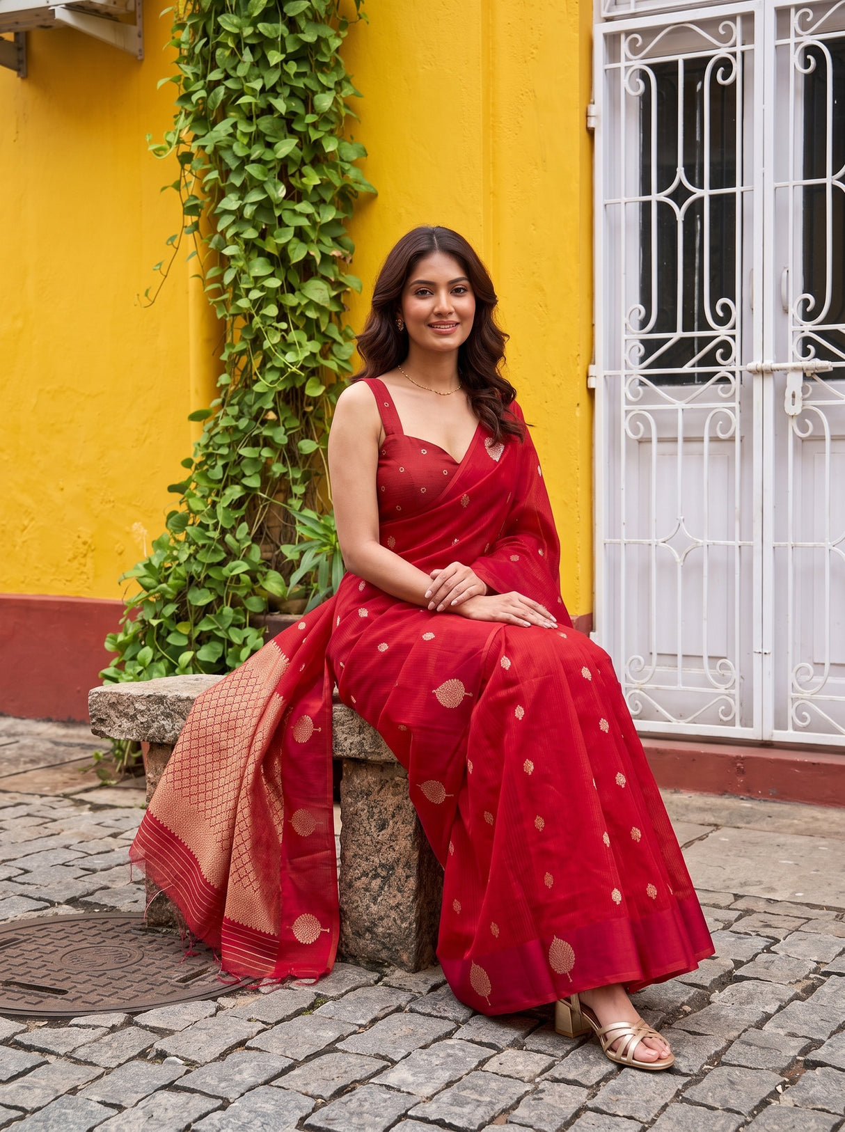 MIMOSA Red Manipuri Linen Saree — pose 8 styling detail