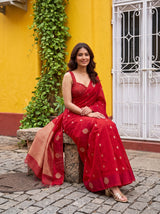 MIMOSA Red Manipuri Linen Saree — pose 8 styling detail