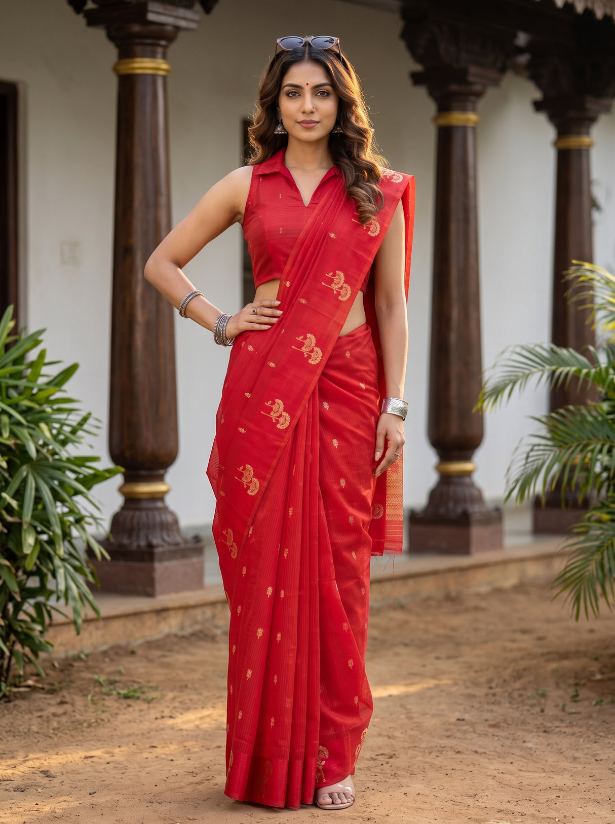 MIMOSA Red Manipuri Linen Saree — pose 4 styling detail