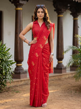 MIMOSA Red Manipuri Linen Saree — pose 4 styling detail