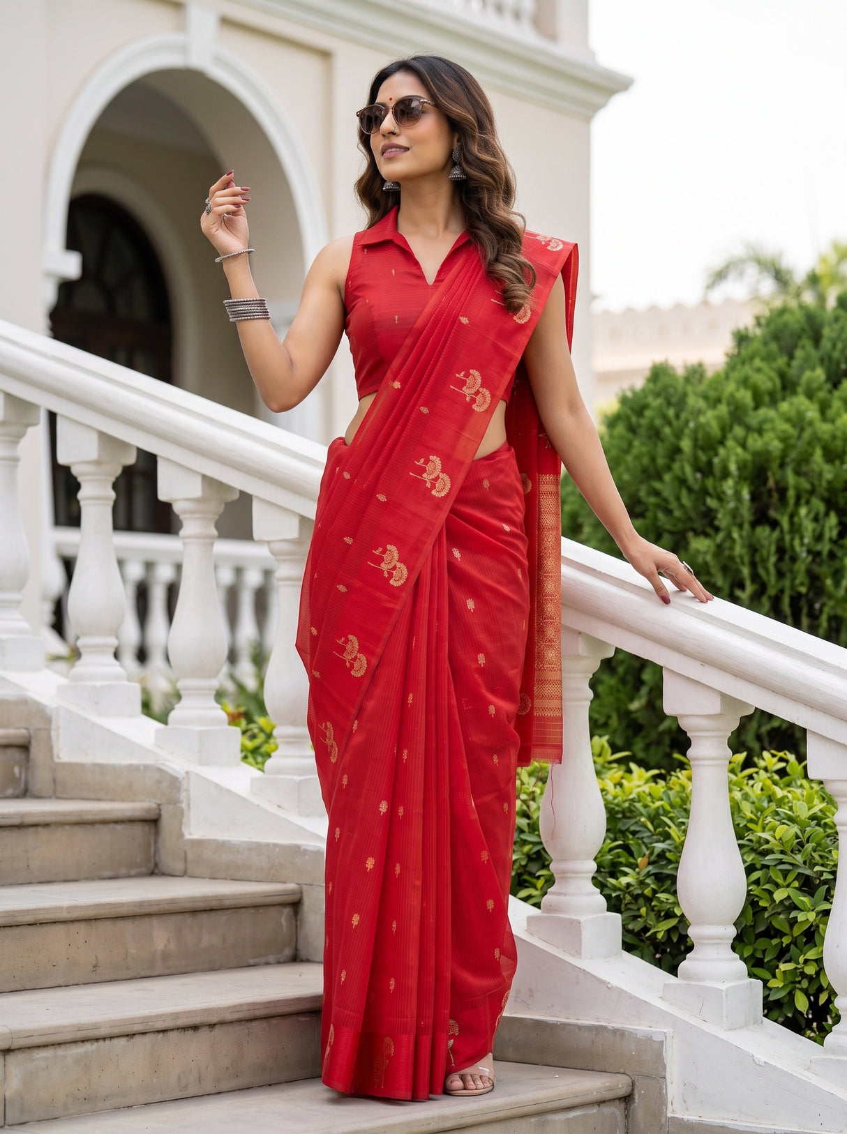 MIMOSA Red Manipuri Linen Saree — pose 5 styling detail