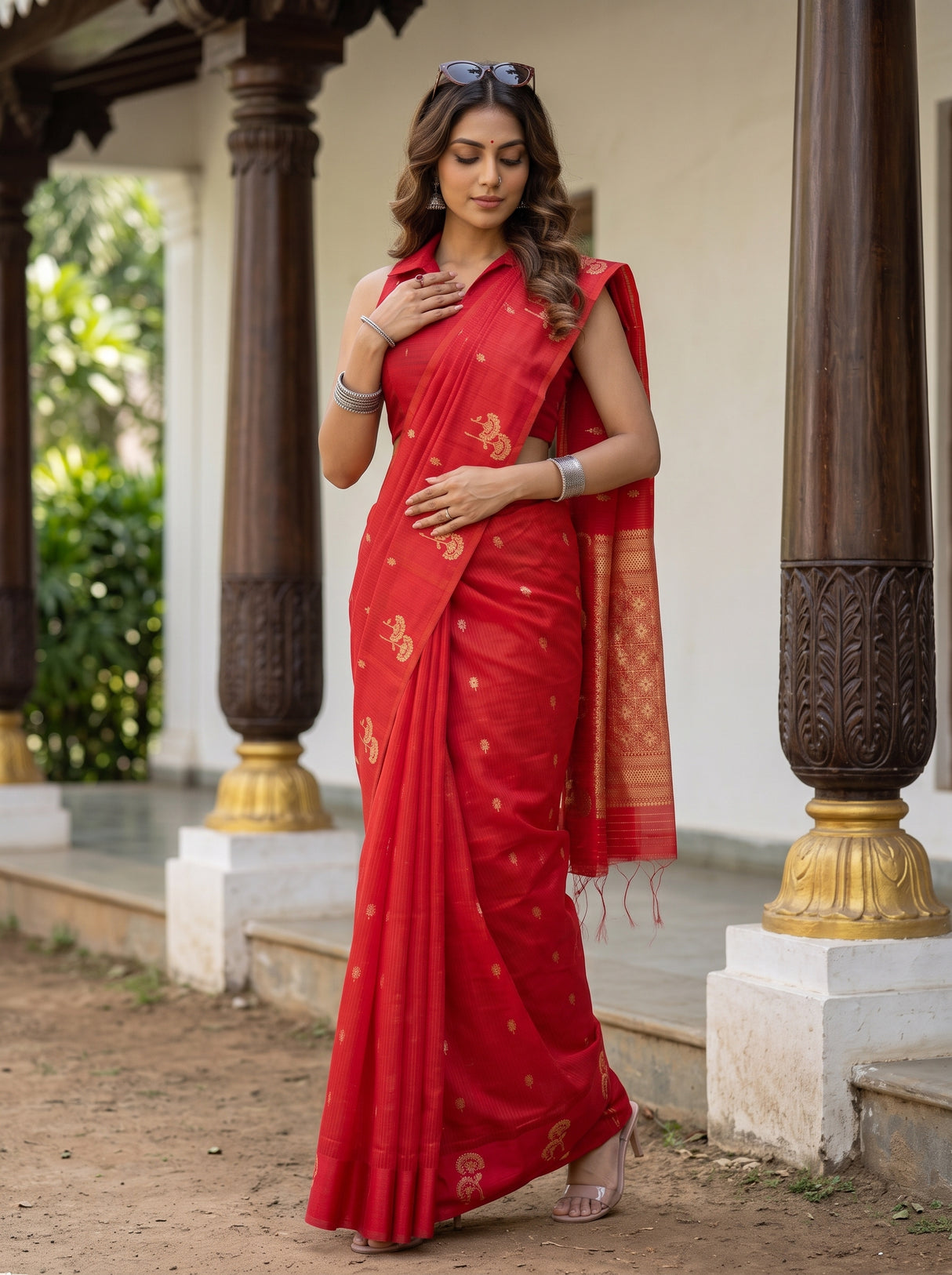 MIMOSA Red Manipuri Linen Saree — pose 9 styling detail