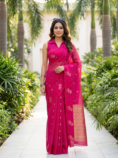 MIMOSA Rani Manipuri Linen Saree — Model lifestyle pose 1