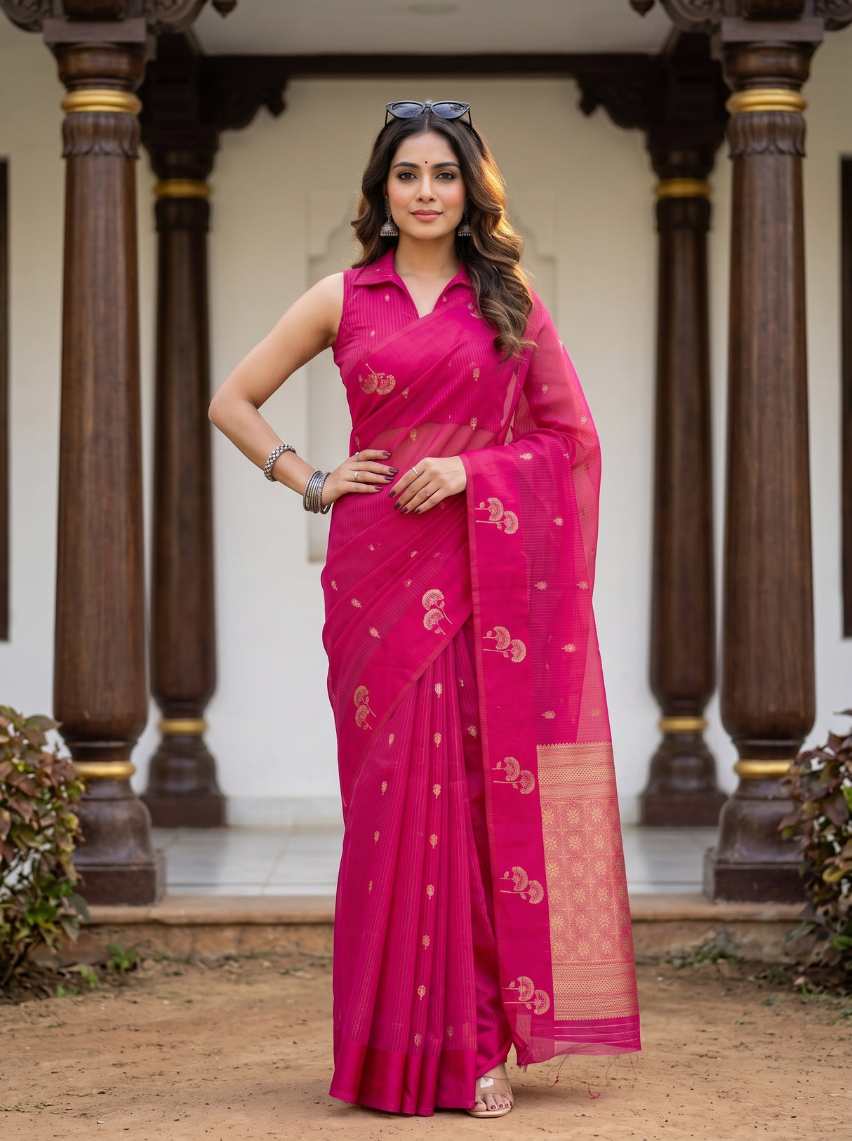 MIMOSA Rani Manipuri Linen Saree — pose 4 styling detail