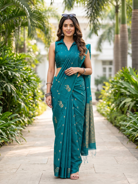 MIMOSA Sapphire Manipuri Linen Saree — Model lifestyle pose 1