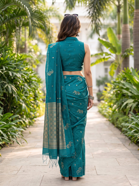 MIMOSA Sapphire Manipuri Linen Saree — Saree pallu and body shot