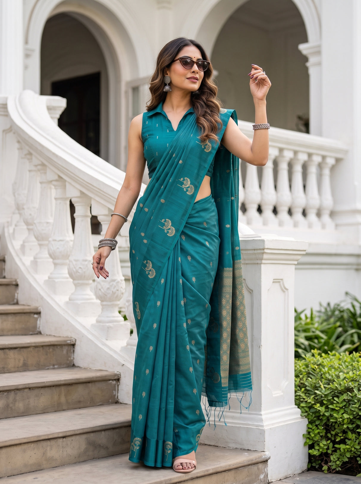 MIMOSA Sapphire Manipuri Linen Saree — pose 5 styling detail