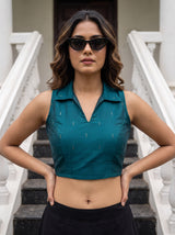 MIMOSA Sapphire Manipuri Linen Saree — blouse close-up