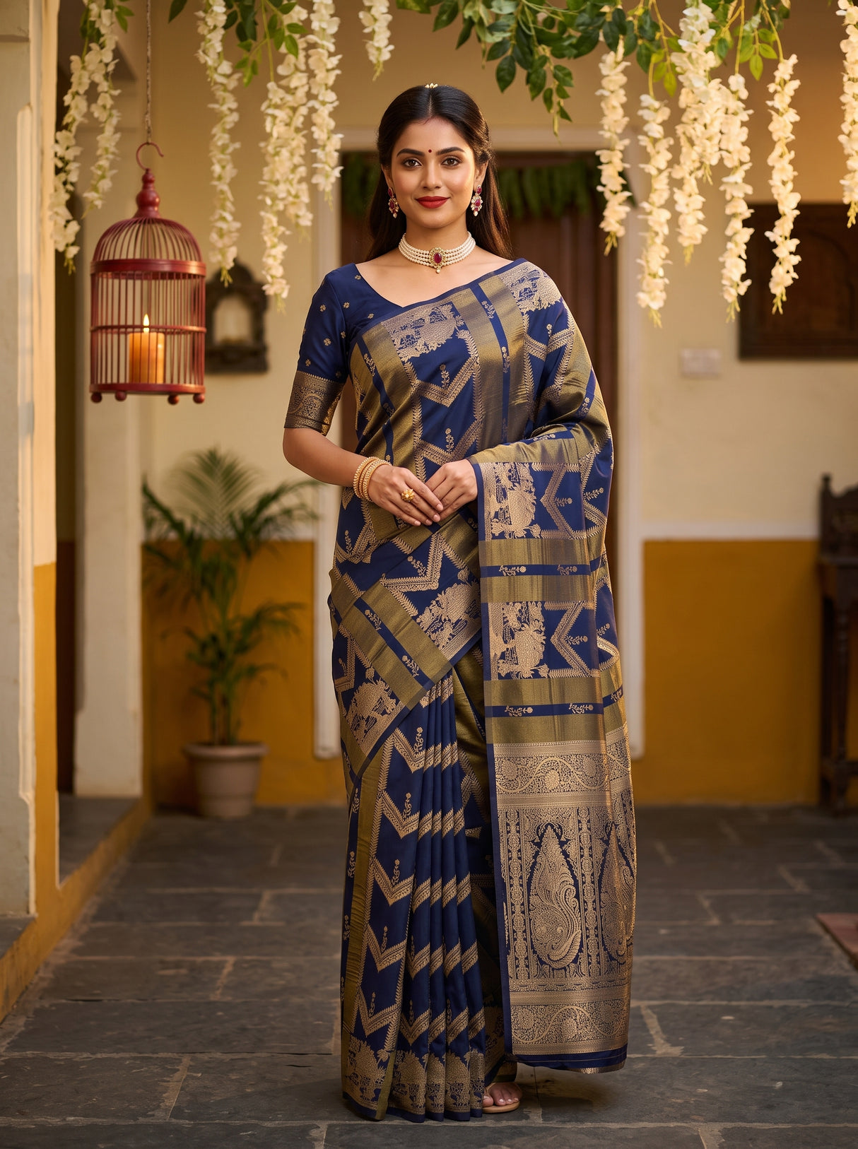 MIMOSA Navy Saree Saree — front view on mannequin
