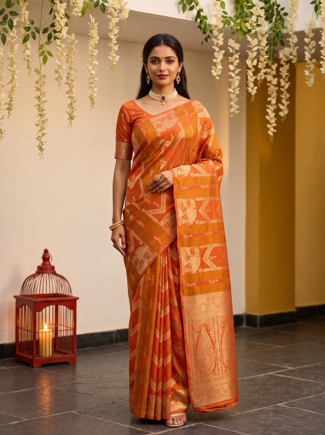 MIMOSA Peach Saree Saree — front view on mannequin