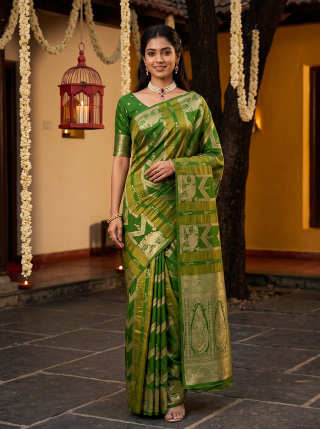 MIMOSA Parrot Green Saree Saree — front view on mannequin