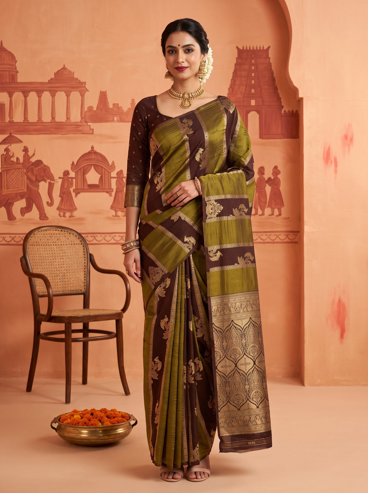 MIMOSA Chocolate Saree Saree — front view on mannequin