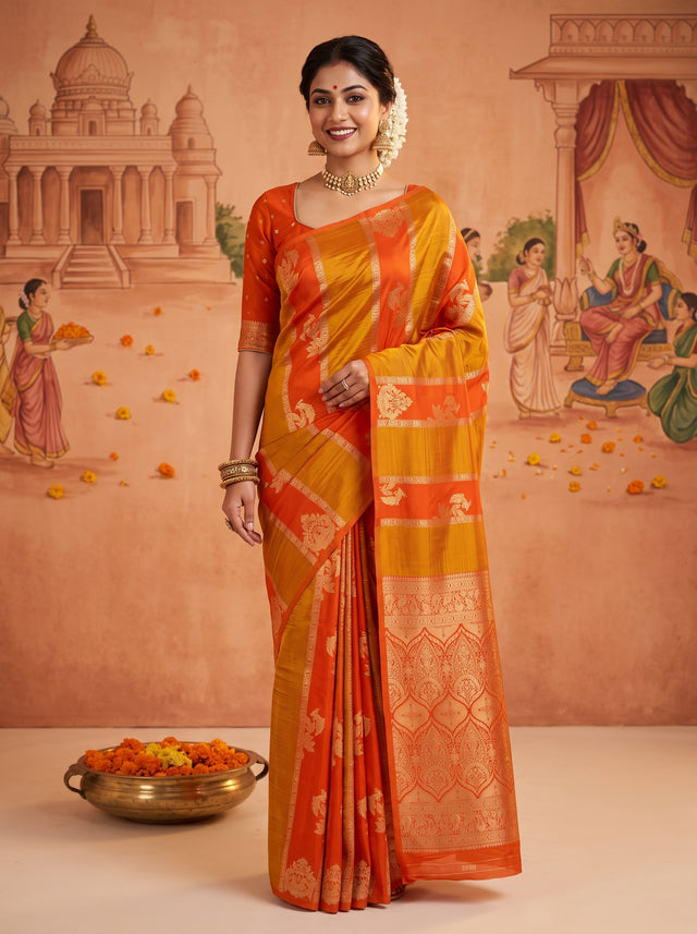 MIMOSA Orange Saree Saree — front view on mannequin
