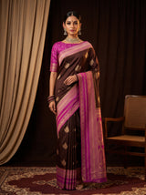 MIMOSA Chocolate Mysore Silk crepe Saree — AI Model lifestyle pose 1