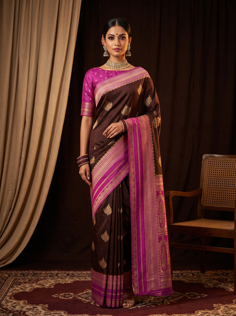 MIMOSA Chocolate Mysore Silk crepe Saree — AI Model lifestyle pose 1