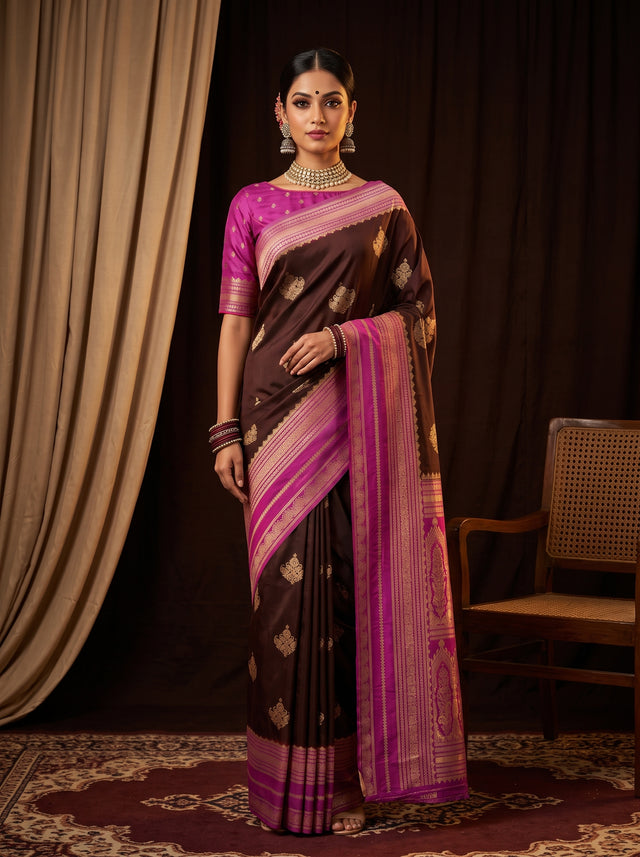MIMOSA Chocolate Mysore Silk crepe Saree — AI Model lifestyle pose 1