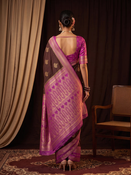 MIMOSA Chocolate Mysore Silk crepe Saree — pose 2 styling detail