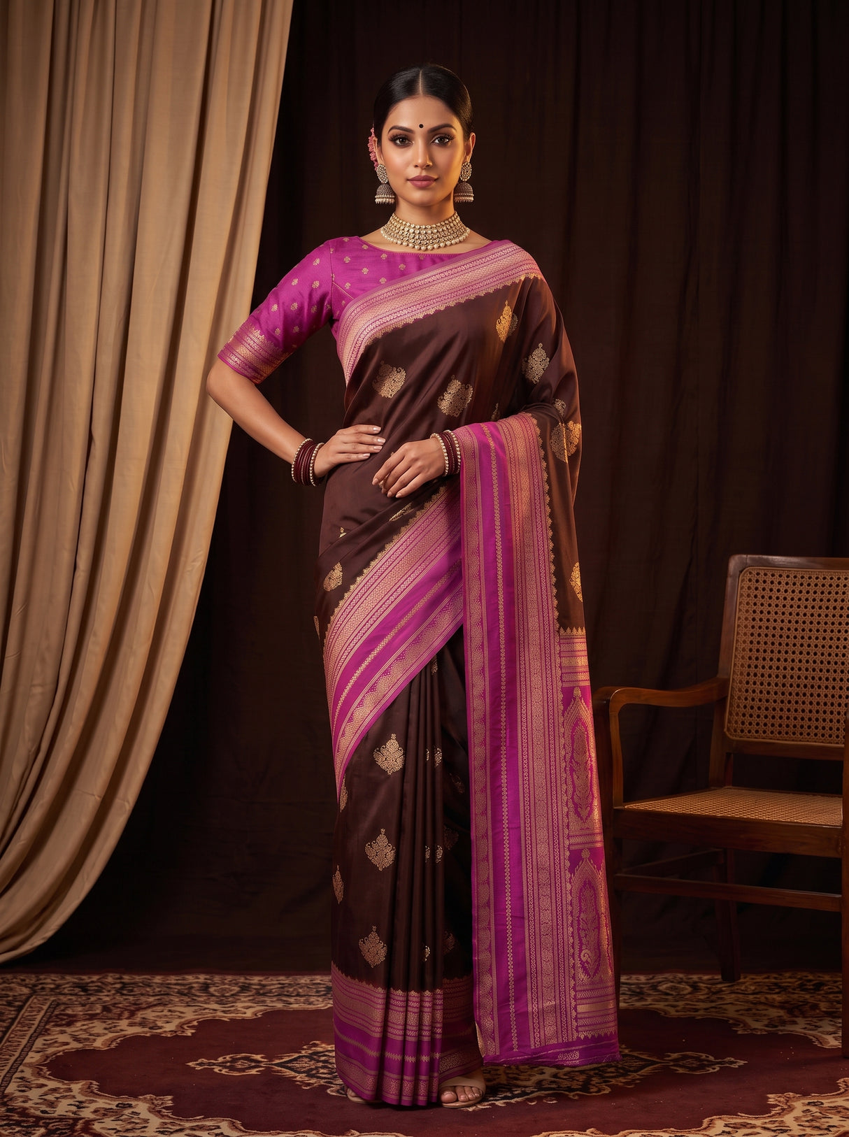 MIMOSA Chocolate Mysore Silk crepe Saree — pose 4 styling detail