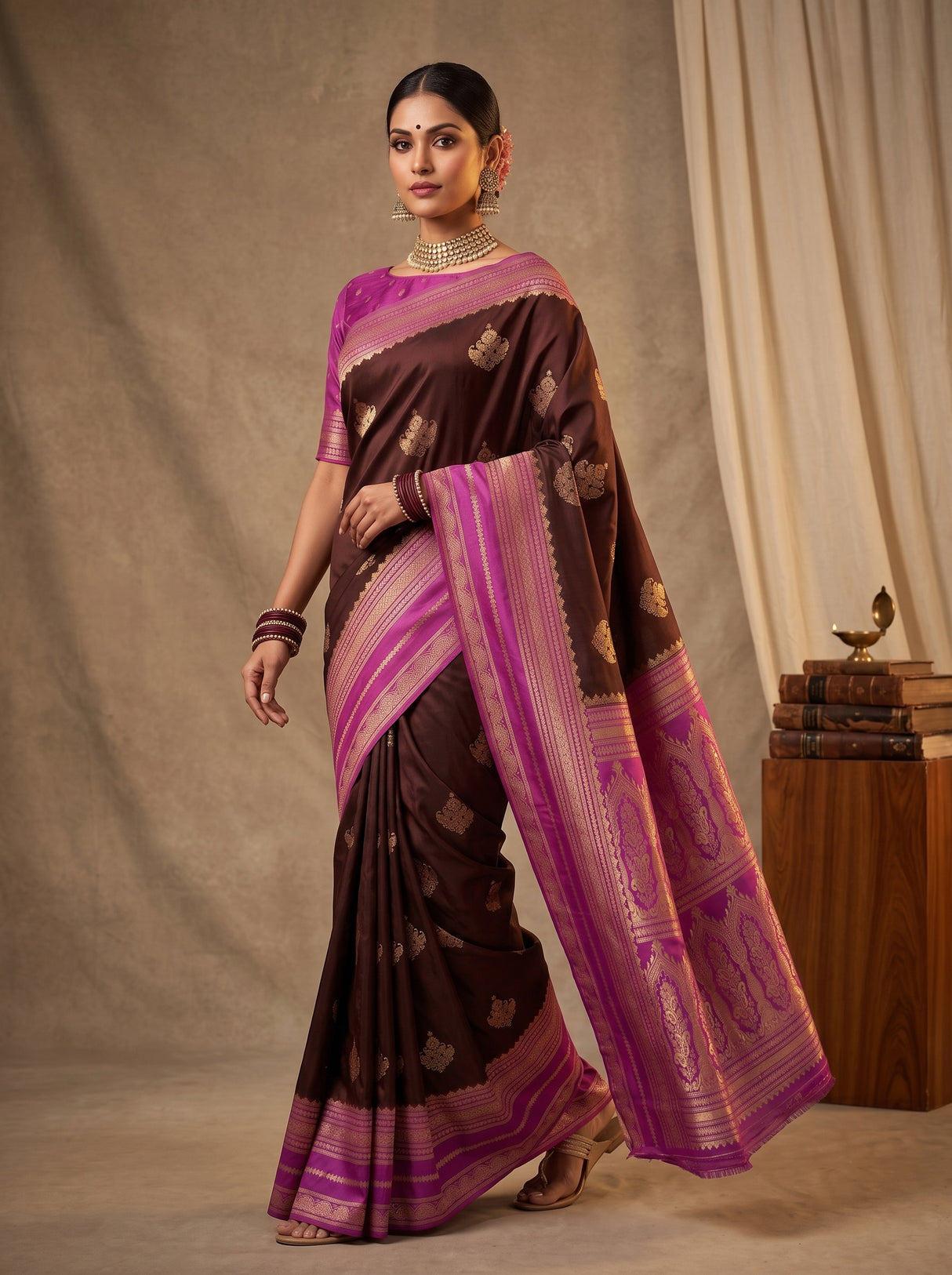 MIMOSA Chocolate Mysore Silk crepe Saree — pose 6 styling detail