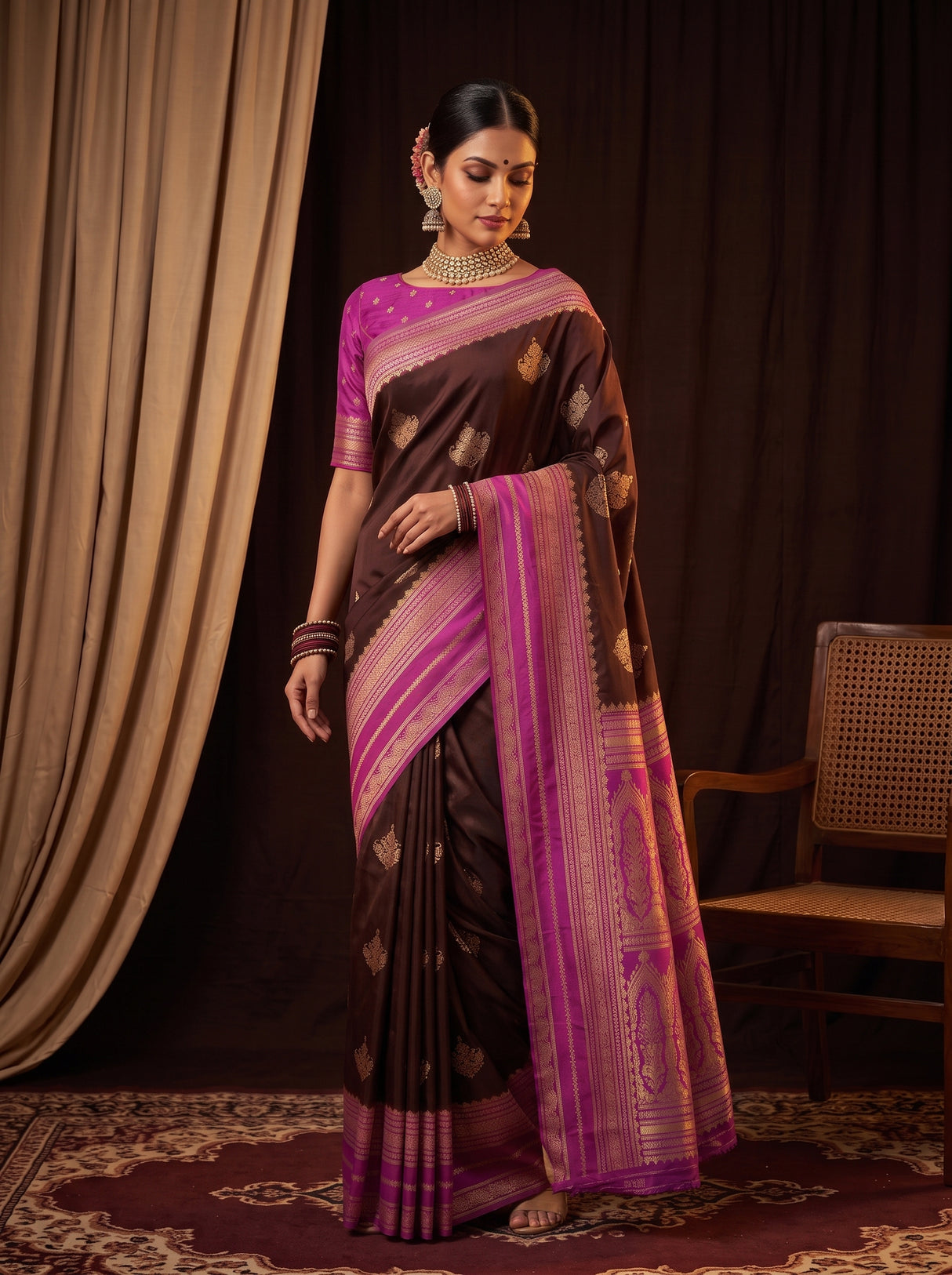 MIMOSA Chocolate Mysore Silk crepe Saree — pose 9 styling detail