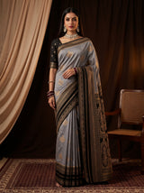 MIMOSA Grey Mysore Silk Saree — front view on mannequin