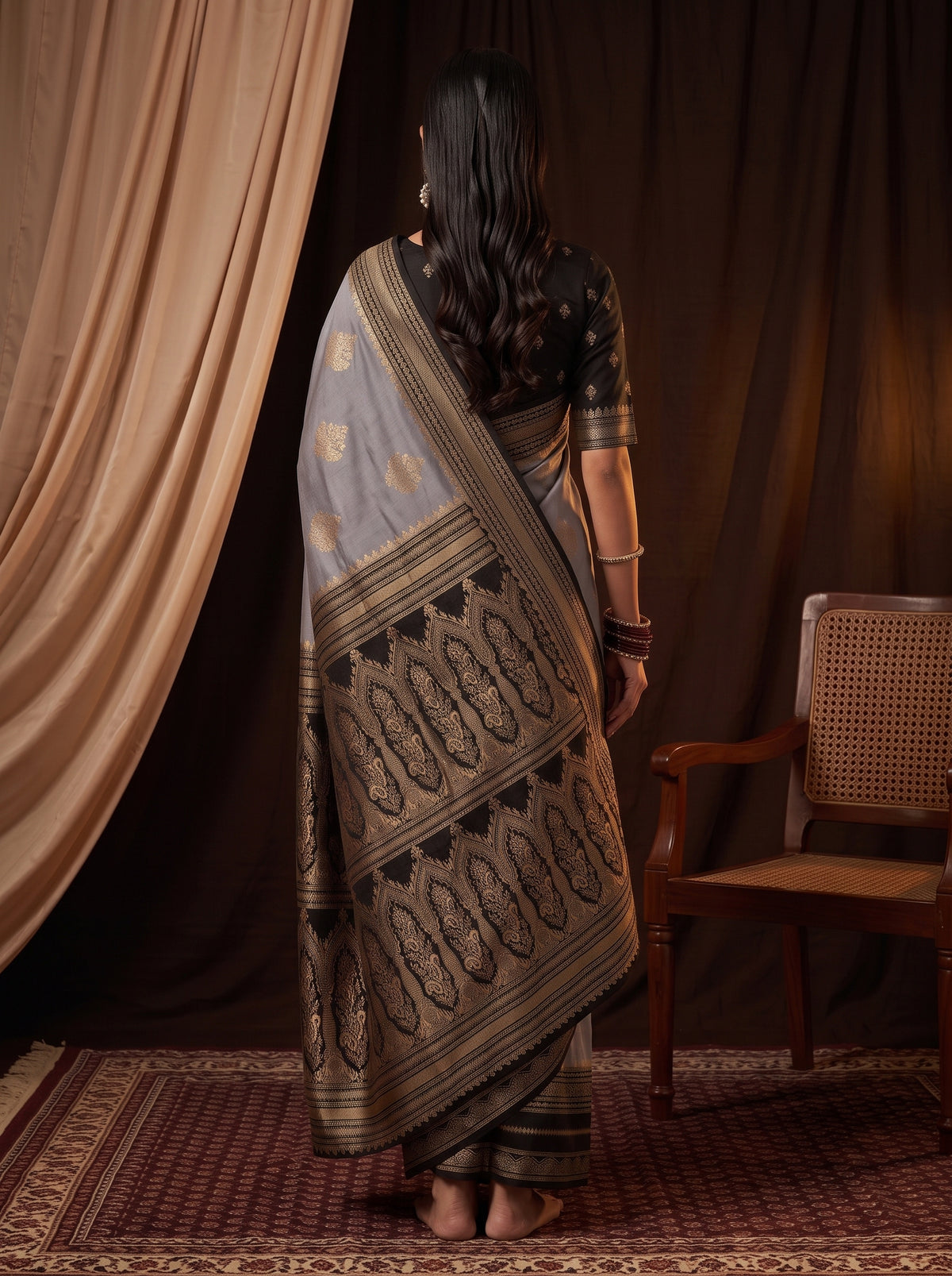 MIMOSA Grey Mysore Silk Saree — pose 2 styling detail