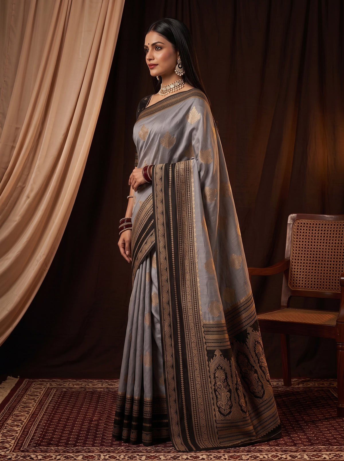 MIMOSA Grey Mysore Silk Saree — pose 3 styling detail