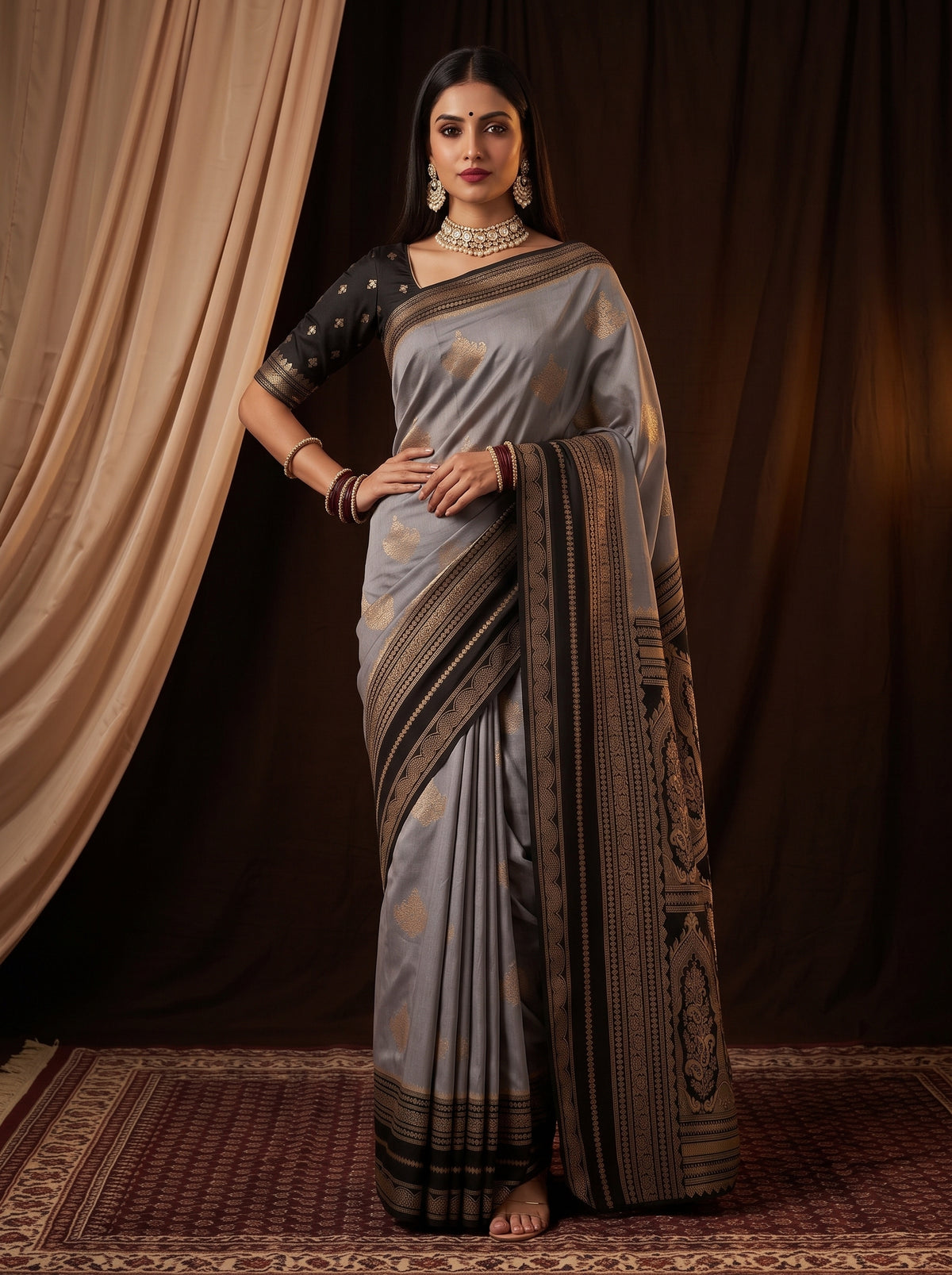 MIMOSA Grey Mysore Silk Saree — pose 4 styling detail