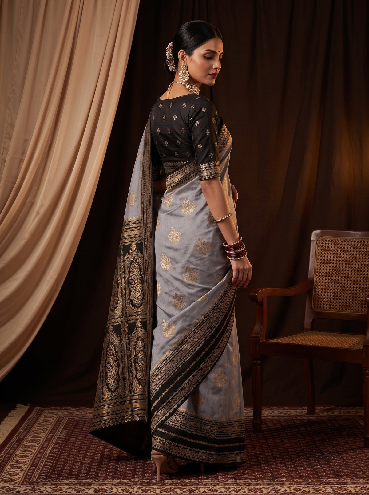 MIMOSA Grey Mysore Silk Saree — pose 5 styling detail