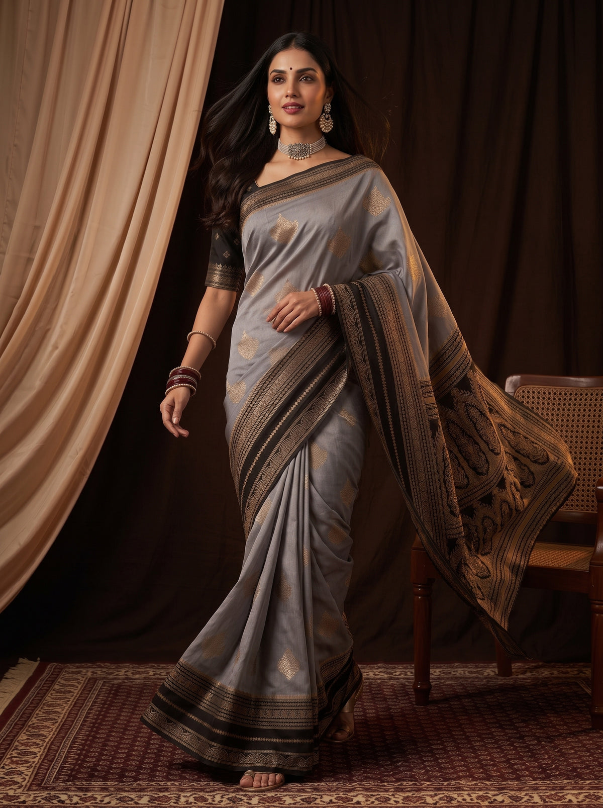 MIMOSA Grey Mysore Silk Saree — pose 6 styling detail
