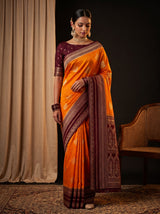 MIMOSA Mustard Mysore Silk crepe Saree — AI Model lifestyle pose 1