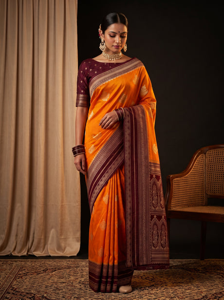 MIMOSA Mustard Mysore Silk crepe Saree — AI Model lifestyle pose 1