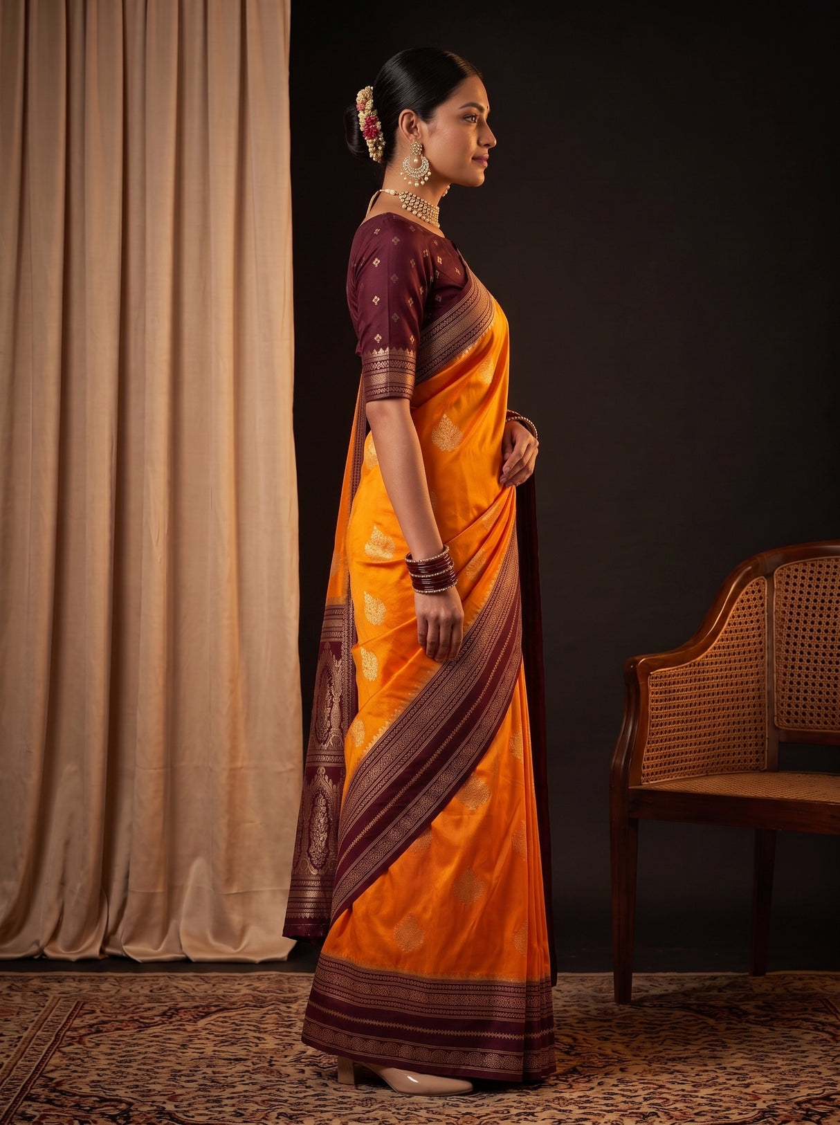 MIMOSA Mustard Mysore Silk crepe Saree — pose 3 styling detail