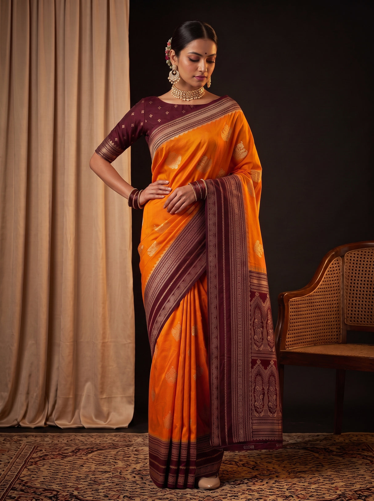 MIMOSA Mustard Mysore Silk crepe Saree — pose 4 styling detail
