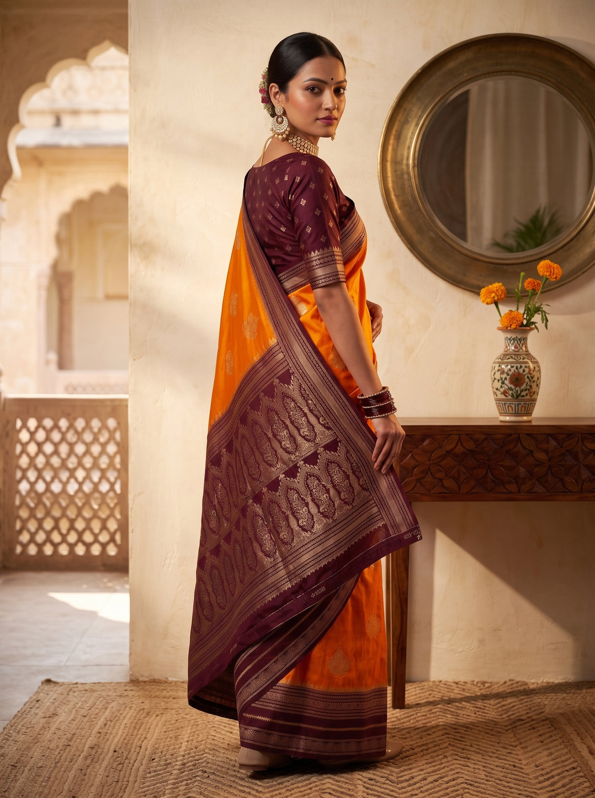 MIMOSA Mustard Mysore Silk crepe Saree — pose 5 styling detail